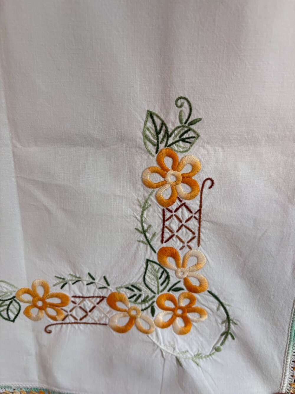 Vintage Hand Embroidered and Crochet Cotton Luncheon Tablecloth 34” Square - Picture 2 of 5